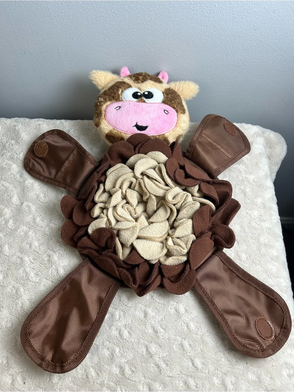 Outward Hound Snuffle Palz Cow Plush Stuffed Puzzle Dog Toy Brown Tan